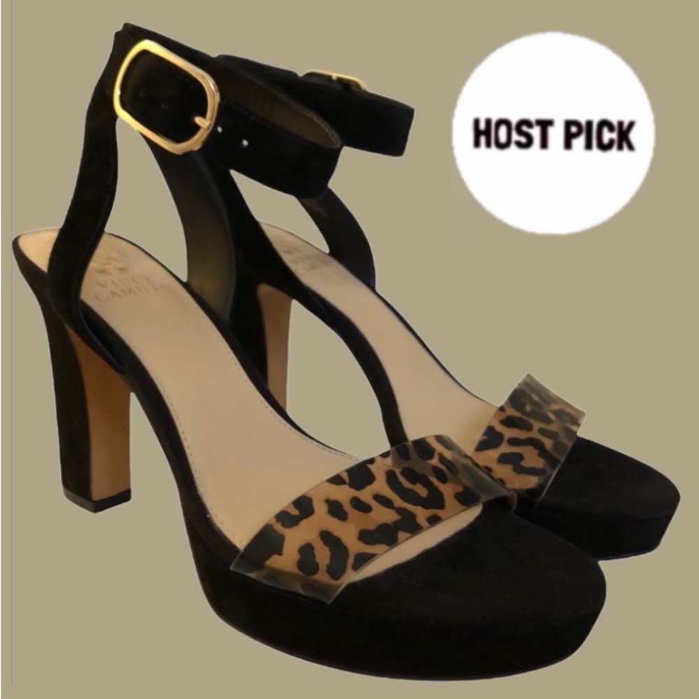 3X Host Pick! 🐆 NWOT Vince Camuto Black Suede Heeled Sandal Leopard